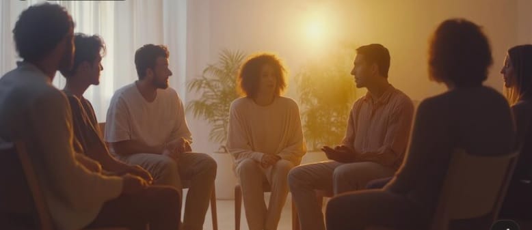 Grupo de personas sentadas en círculo a contraluz