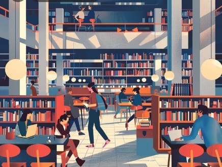 Ilustración de una biblioteca con estanterías llenas de libros y personas leyendo